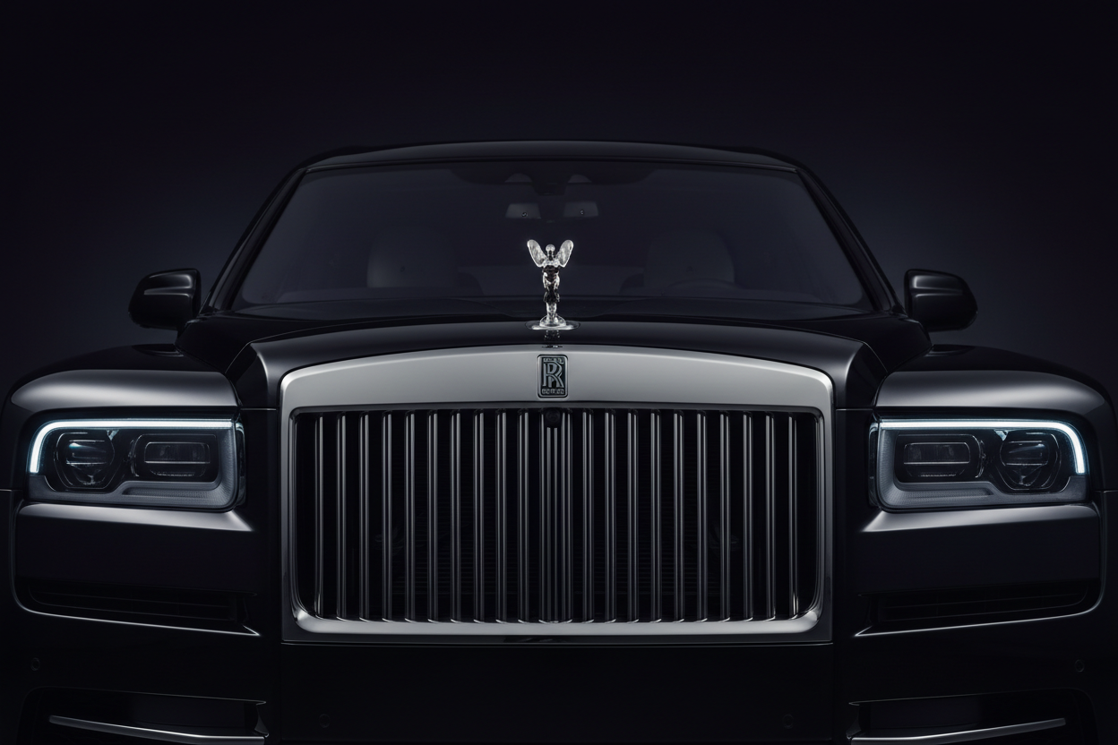 Black Rolls-Royce Cullinan front grille and Spirit of Ecstasy close-up