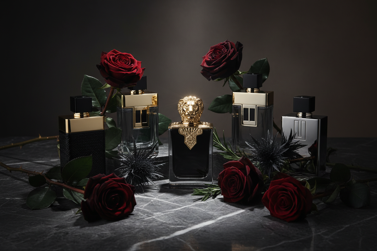 Premium men's luxury fragrance collection on dark marble with roses