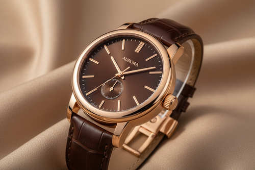 Luxury oversized brown dial rose gold men's watch with leather strap