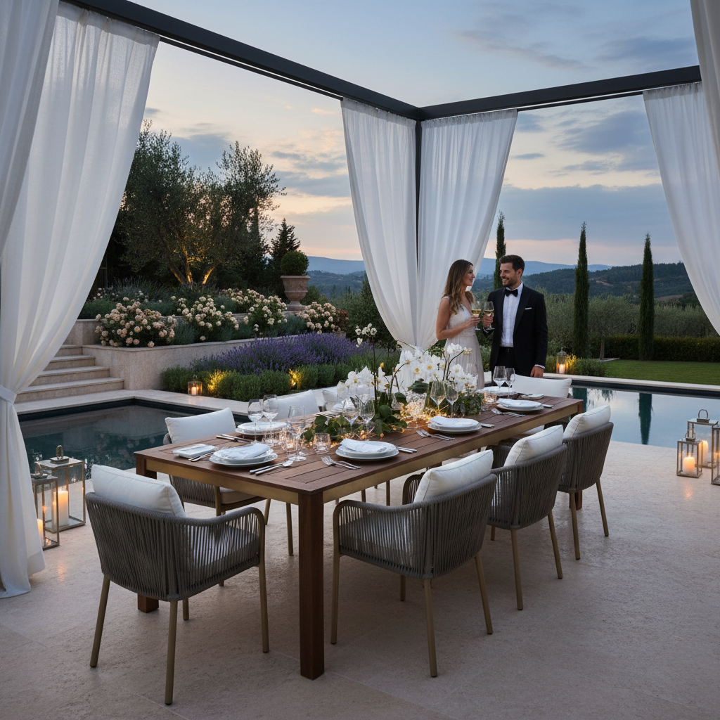 Luxury outdoor dining table in premium garden setting