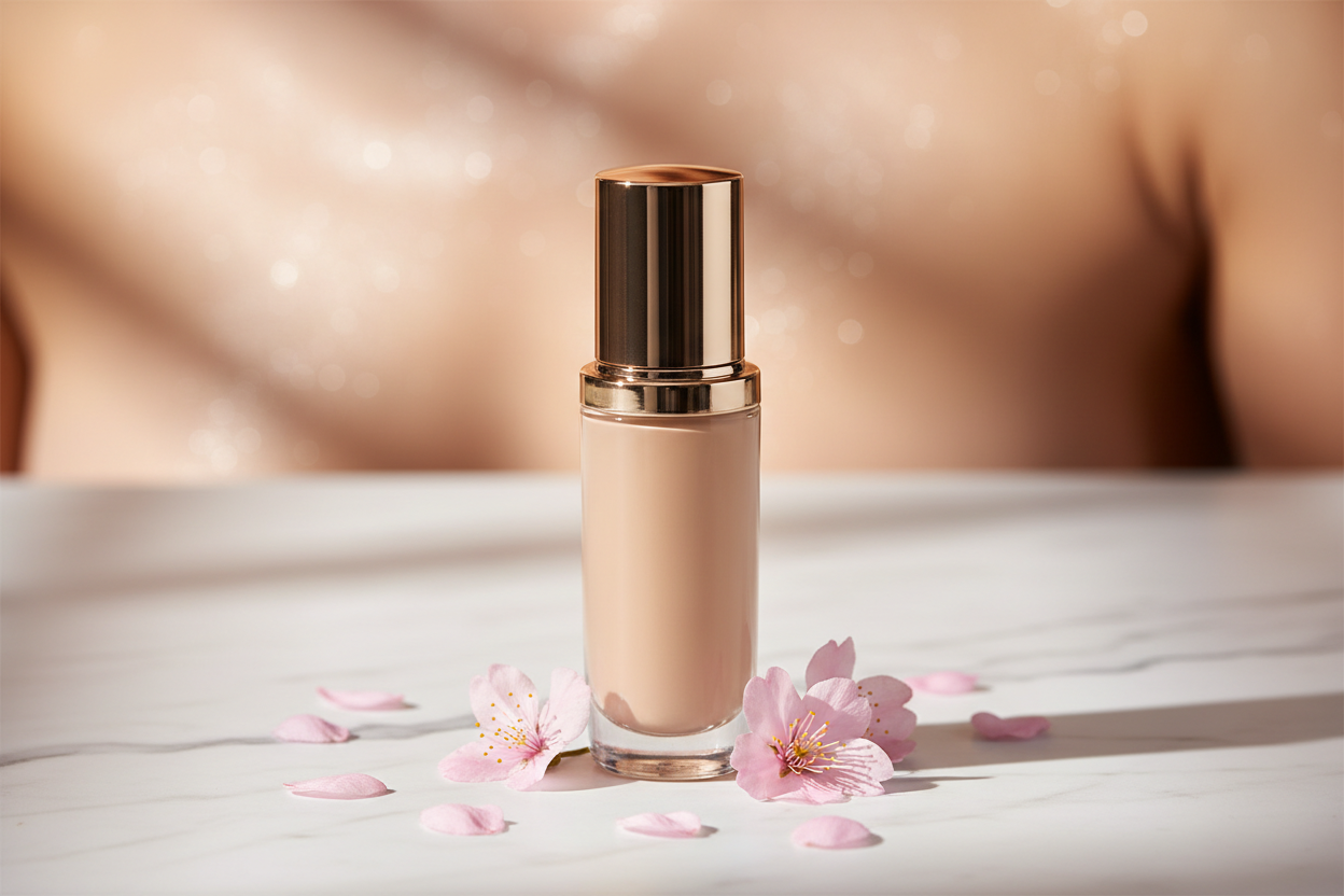 Premium luxury liquid foundation bottle on white marble with flower petals