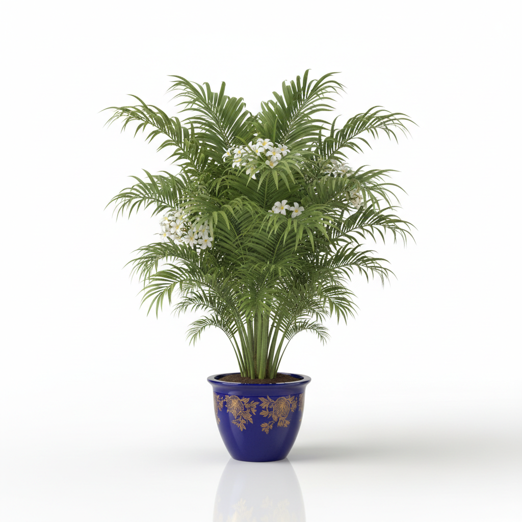 Large tropical palm plant with exotic flowers