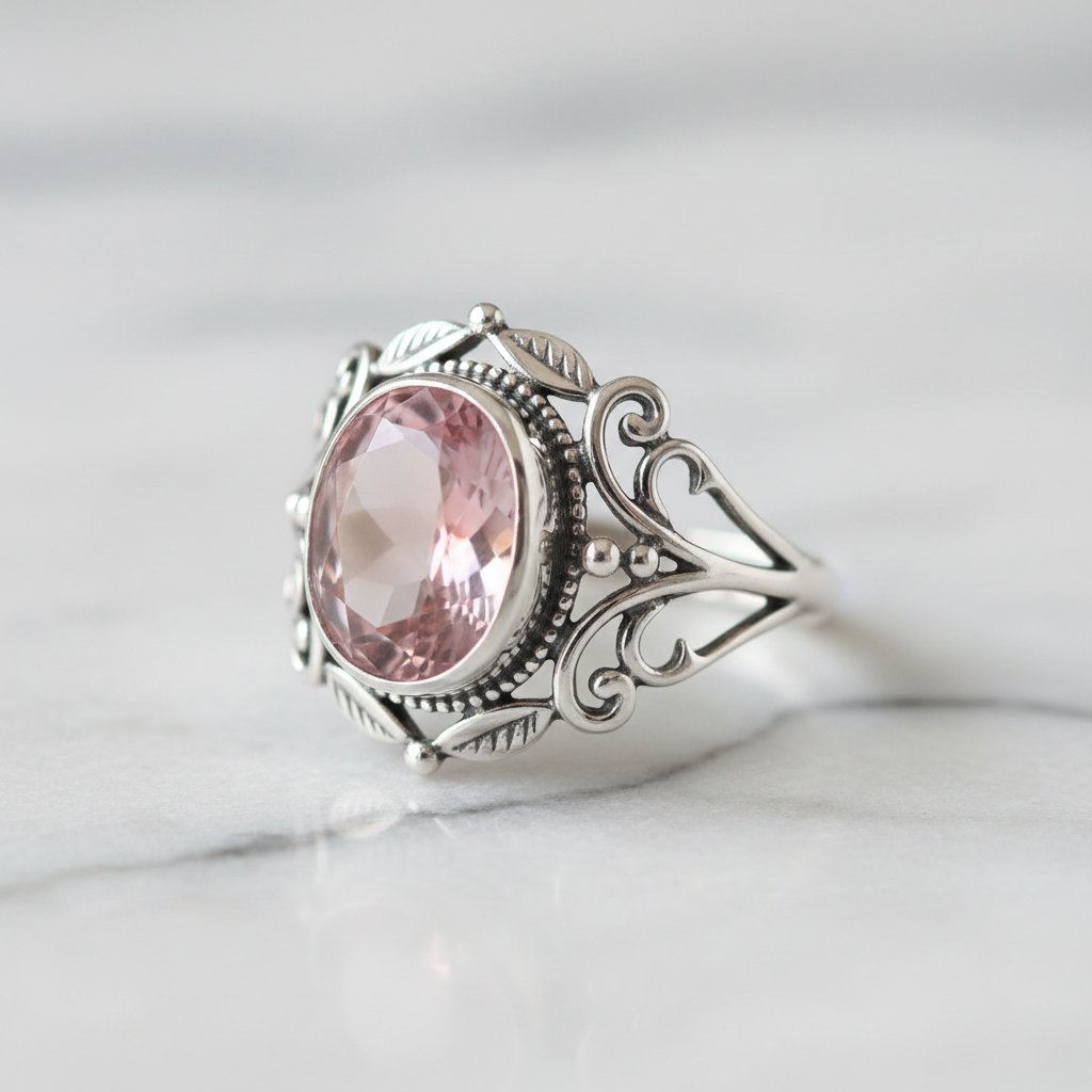 Silver pink rose quartz ring