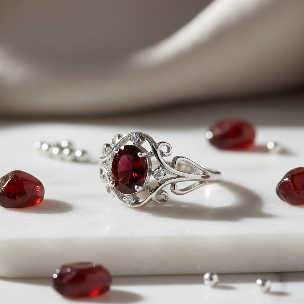 Silver red garnet ring